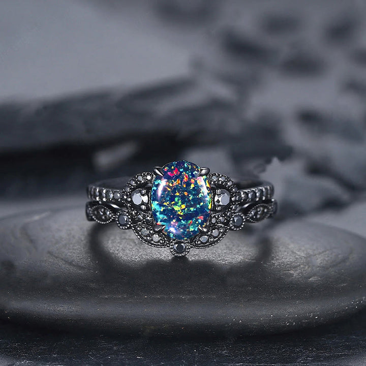 Olivenorma 2Pcs Oval Shape Black Fire Opal Engagement Ring Set - image 8