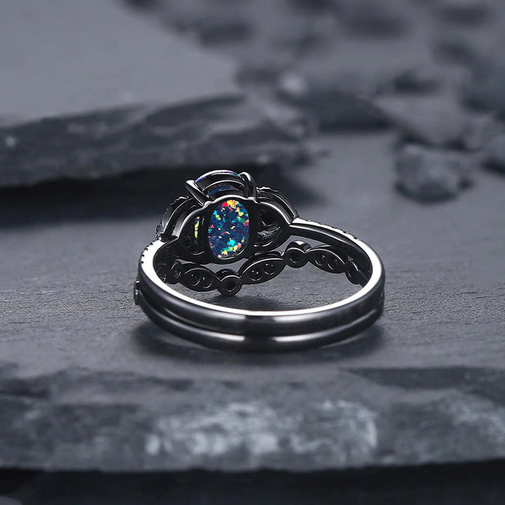 Olivenorma 2Pcs Oval Shape Black Fire Opal Engagement Ring Set - image 9