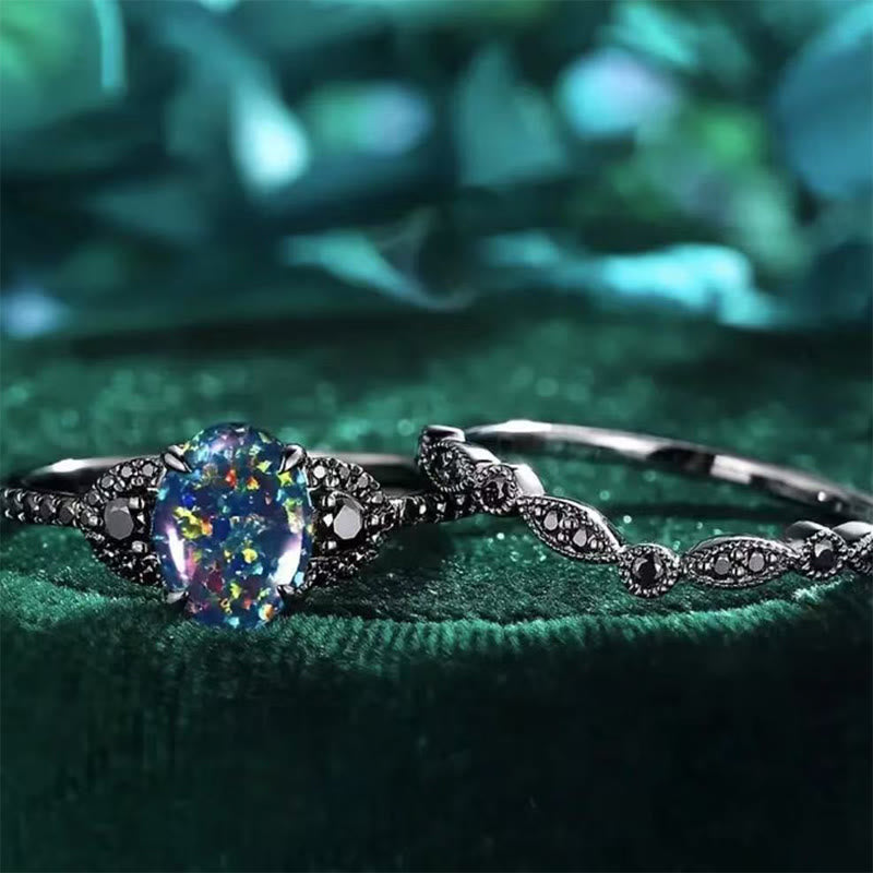 Olivenorma 2Pcs Oval Shape Black Fire Opal Engagement Ring Set - image 3