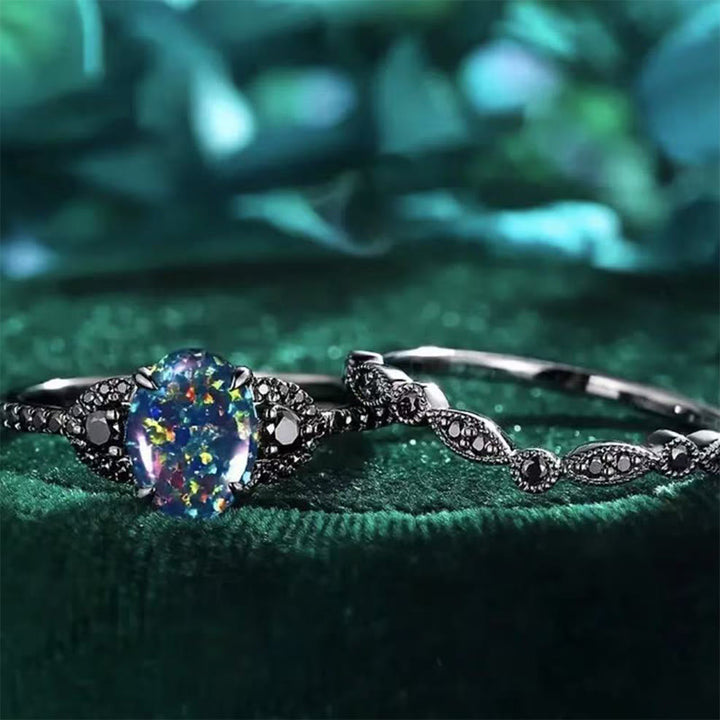 Olivenorma 2Pcs Oval Shape Black Fire Opal Engagement Ring Set - image 3