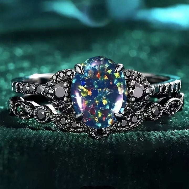 Olivenorma 2Pcs Oval Shape Black Fire Opal Engagement Ring Set - US 10 - image 0