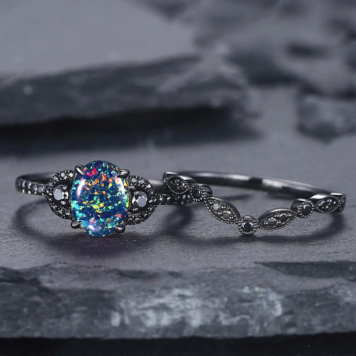 Olivenorma 2Pcs Oval Shape Black Fire Opal Engagement Ring Set - image 11
