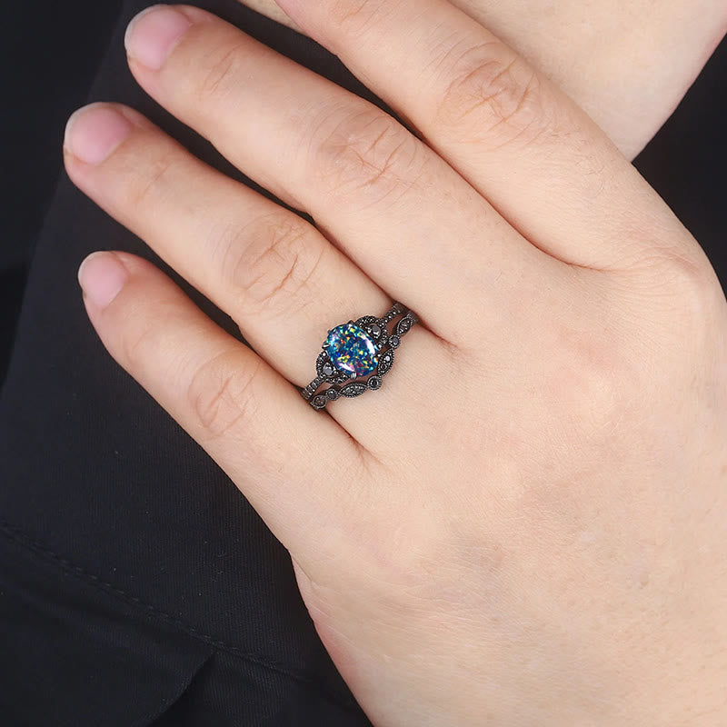 Olivenorma 2Pcs Oval Shape Black Fire Opal Engagement Ring Set - image 1