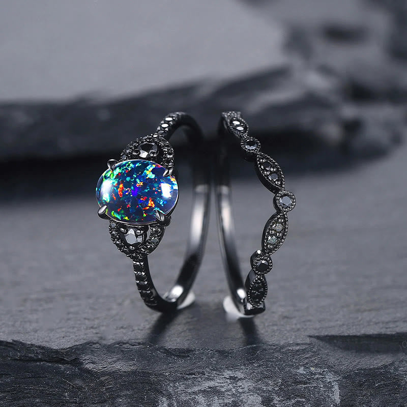 Olivenorma 2Pcs Oval Shape Black Fire Opal Engagement Ring Set - image 7