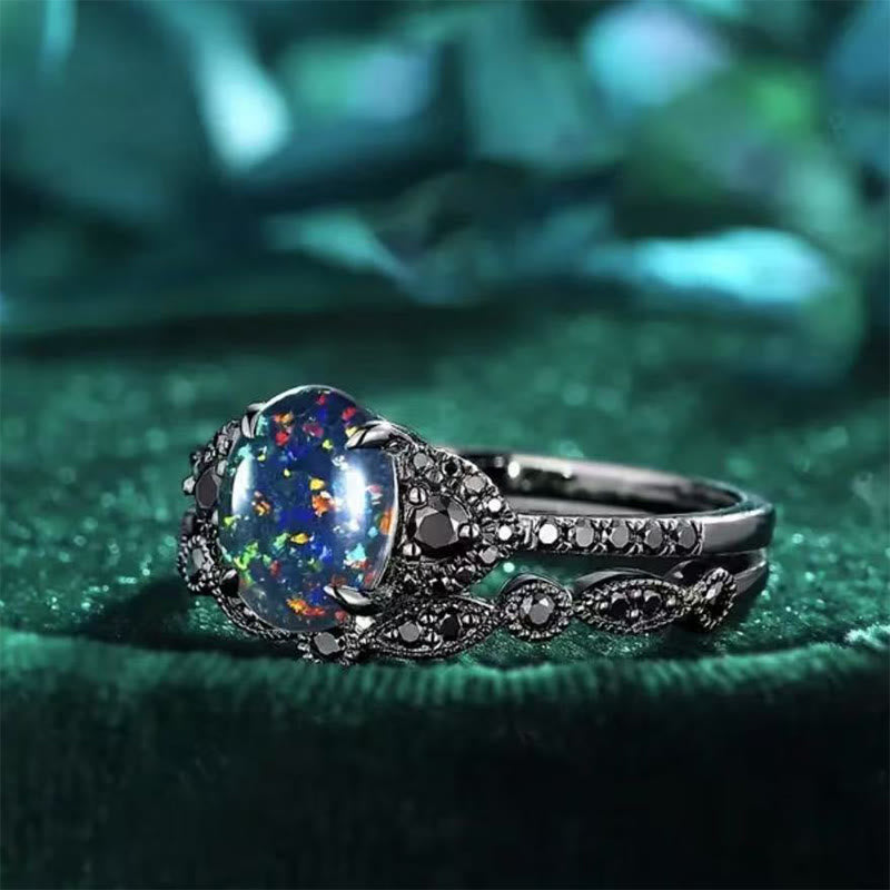 Olivenorma 2Pcs Oval Shape Black Fire Opal Engagement Ring Set - image 4