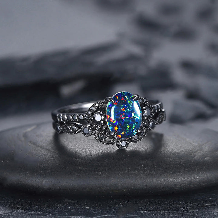 Olivenorma 2Pcs Oval Shape Black Fire Opal Engagement Ring Set - image 10