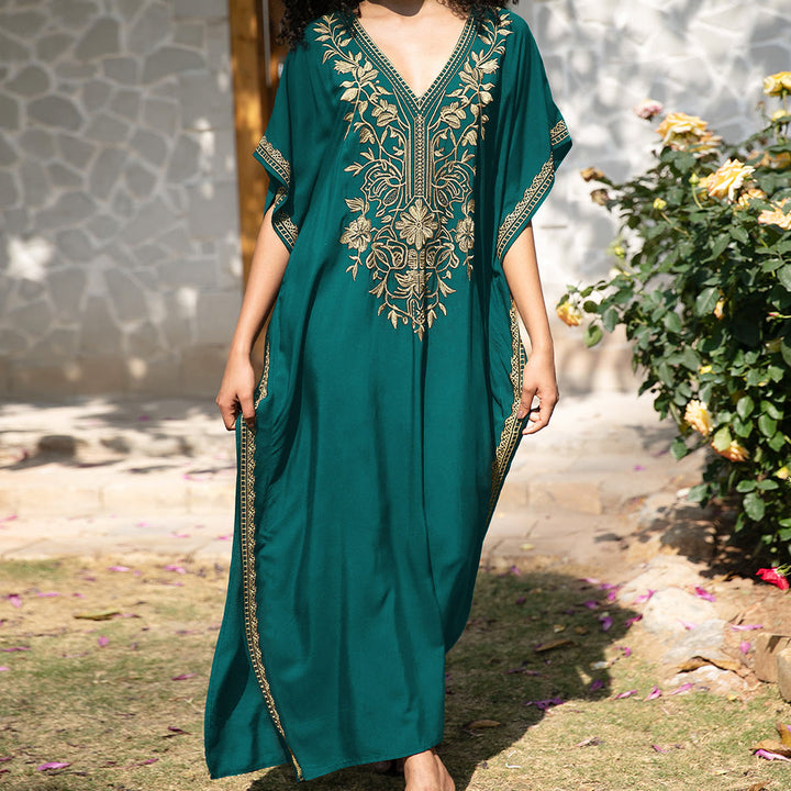 Olivenorma Beach Blouse Embroidered Vacation Kaftan Dress - Malachite Green - One Size Fits All - image 16