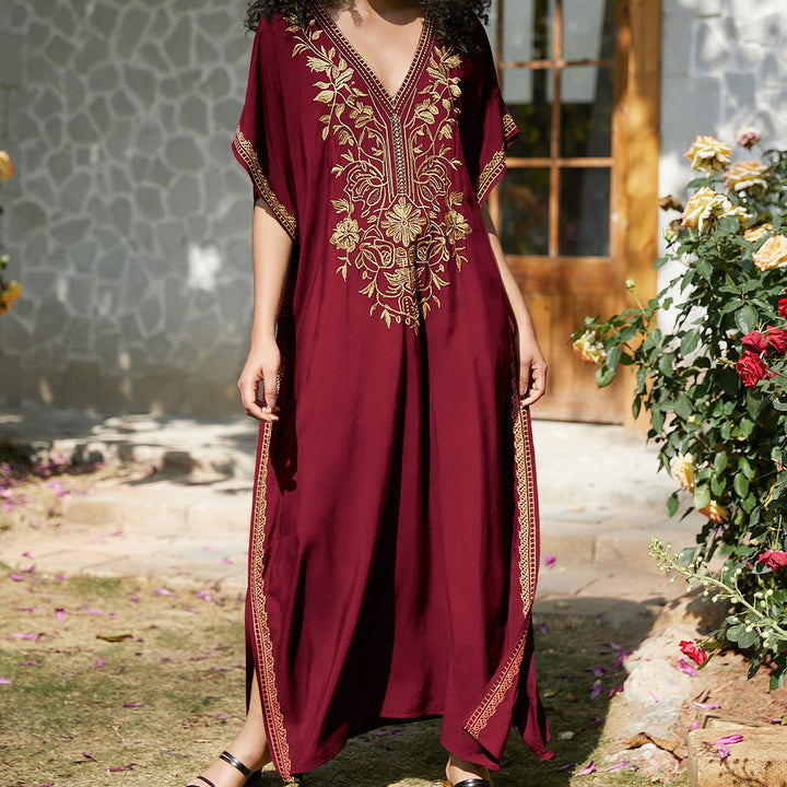 Olivenorma Beach Blouse Embroidered Vacation Kaftan Dress - Burgundy - One Size Fits All - image 29