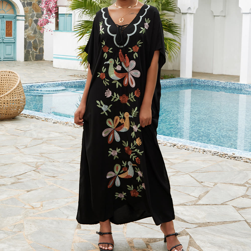 Olivenorma Beach Blouse Embroidered Flower Bird Kaftan Dress - One Size Fits All - image 0