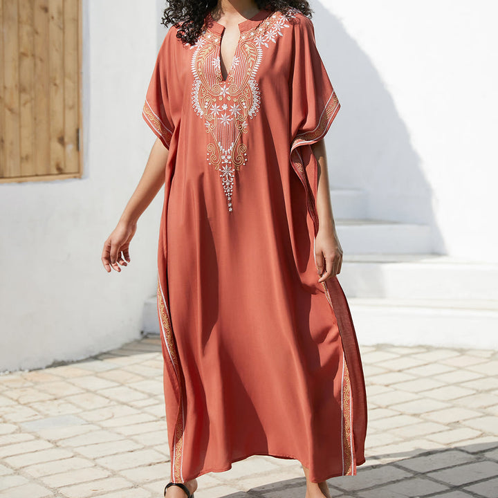 Olivenorma Beach Blouse Vintage Embroidered Kaftan Dress - Red - One Size Fits All - image 0