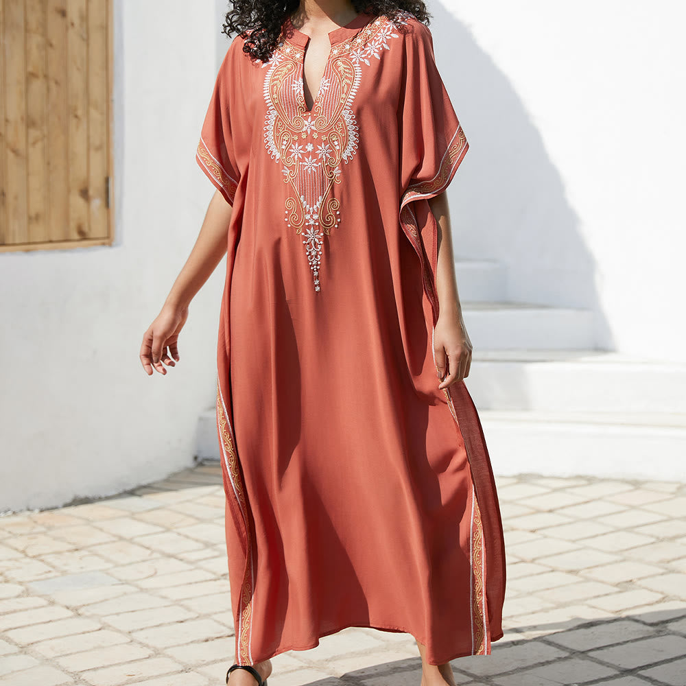 Olivenorma Beach Blouse Vintage Embroidered Kaftan Dress - Red - One Size Fits All - image 0