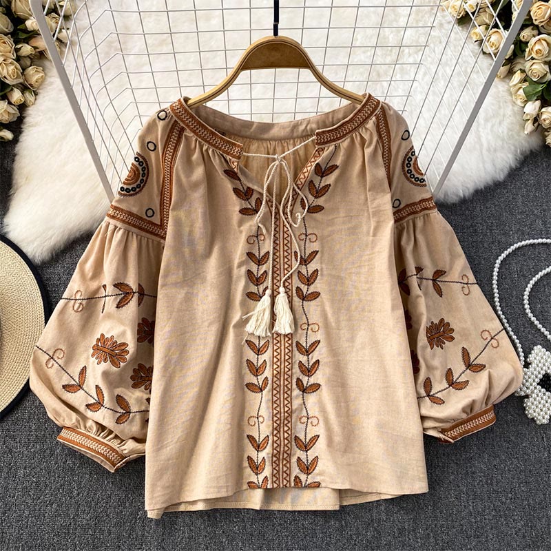 Olivenorma Bohemia Embroidered Lantern Sleeve Women's Shirt - Khaki - One Size Fits All - image 0
