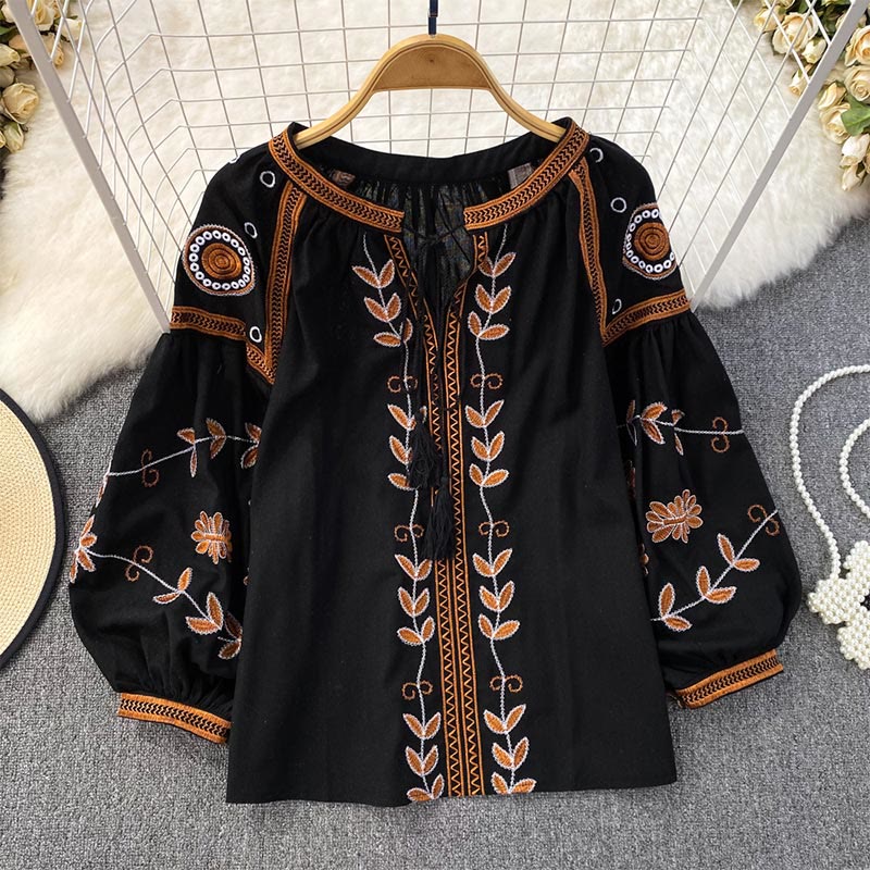 Olivenorma Bohemia Embroidered Lantern Sleeve Women's Shirt - Black - One Size Fits All - image 13