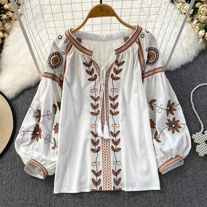 Olivenorma Bohemia Embroidered Lantern Sleeve Women's Shirt - White - One Size Fits All - image 3