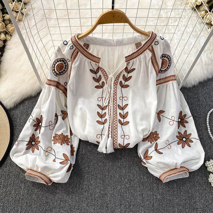 Olivenorma Bohemia Embroidered Lantern Sleeve Women's Shirt - image 5