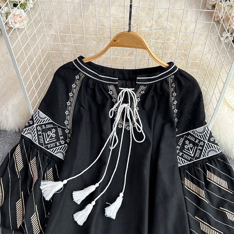 Olivenorma Geometric Totem Embroidery Lantern Sleeve Women's Shirt - image 14