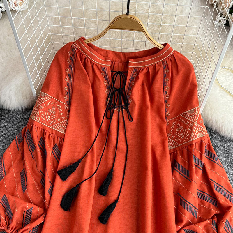 Olivenorma Geometric Totem Embroidery Lantern Sleeve Women's Shirt - image 17