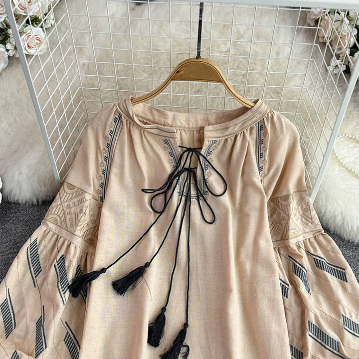 Olivenorma Geometric Totem Embroidery Lantern Sleeve Women's Shirt - image 8