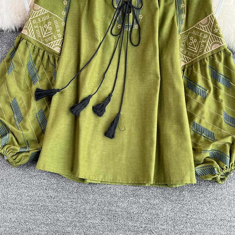 Olivenorma Geometric Totem Embroidery Lantern Sleeve Women's Shirt - image 12