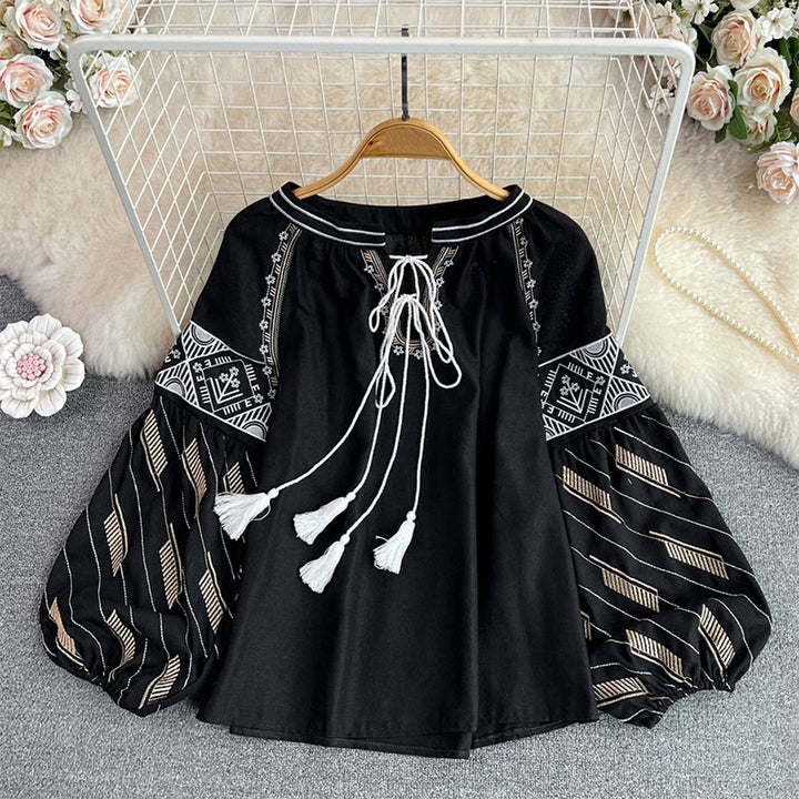 Olivenorma Geometric Totem Embroidery Lantern Sleeve Women's Shirt - Black - One Size Fits All - image 13