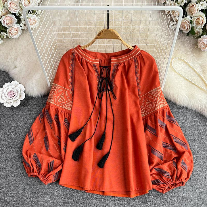 Olivenorma Geometric Totem Embroidery Lantern Sleeve Women's Shirt - Orange - One Size Fits All - image 16