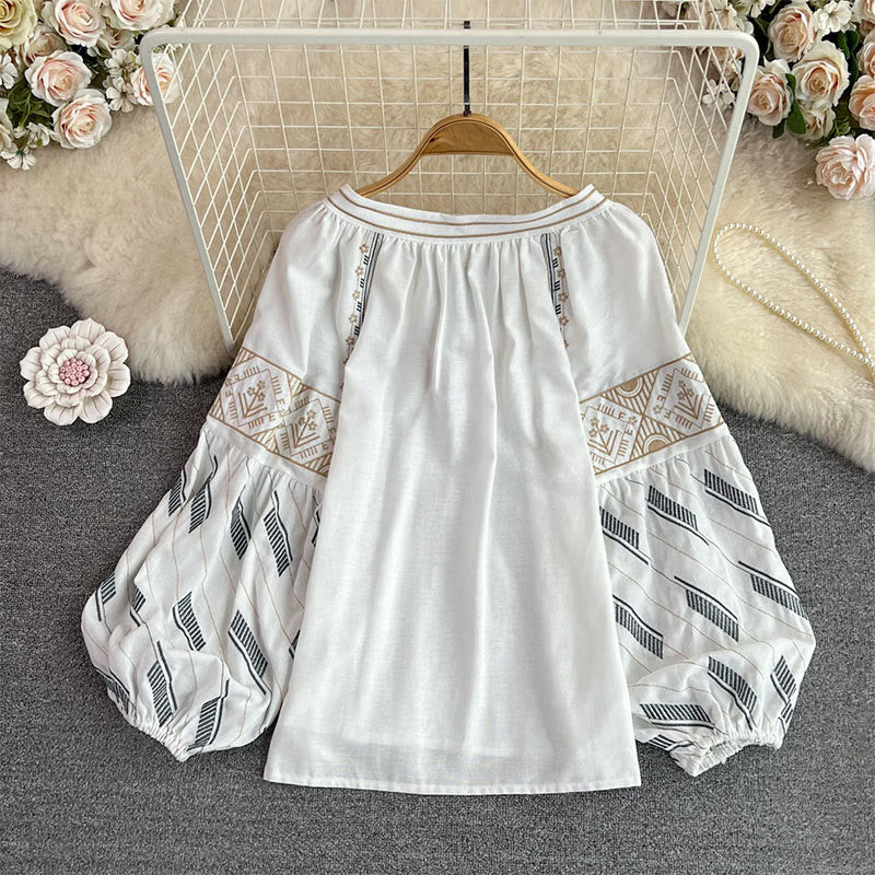 Olivenorma Geometric Totem Embroidery Lantern Sleeve Women's Shirt - image 1