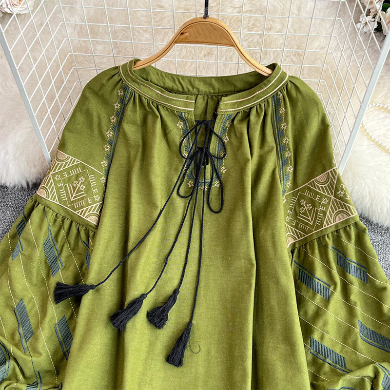 Olivenorma Geometric Totem Embroidery Lantern Sleeve Women's Shirt - image 11