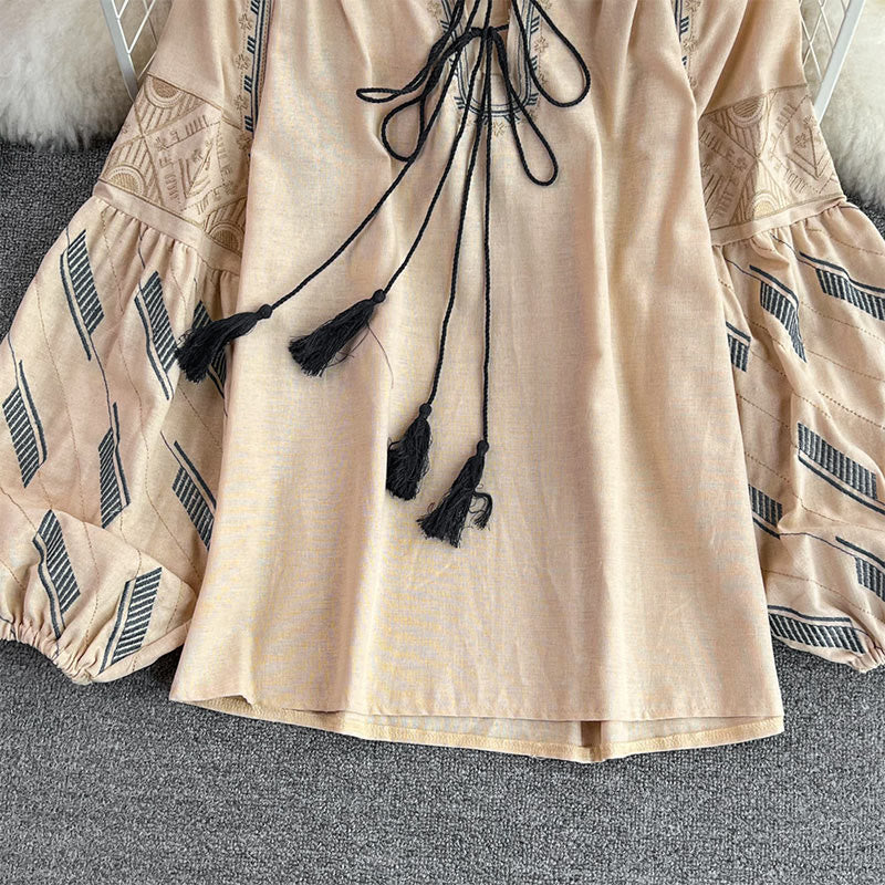 Olivenorma Geometric Totem Embroidery Lantern Sleeve Women's Shirt - image 9