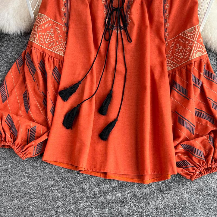 Olivenorma Geometric Totem Embroidery Lantern Sleeve Women's Shirt - image 18