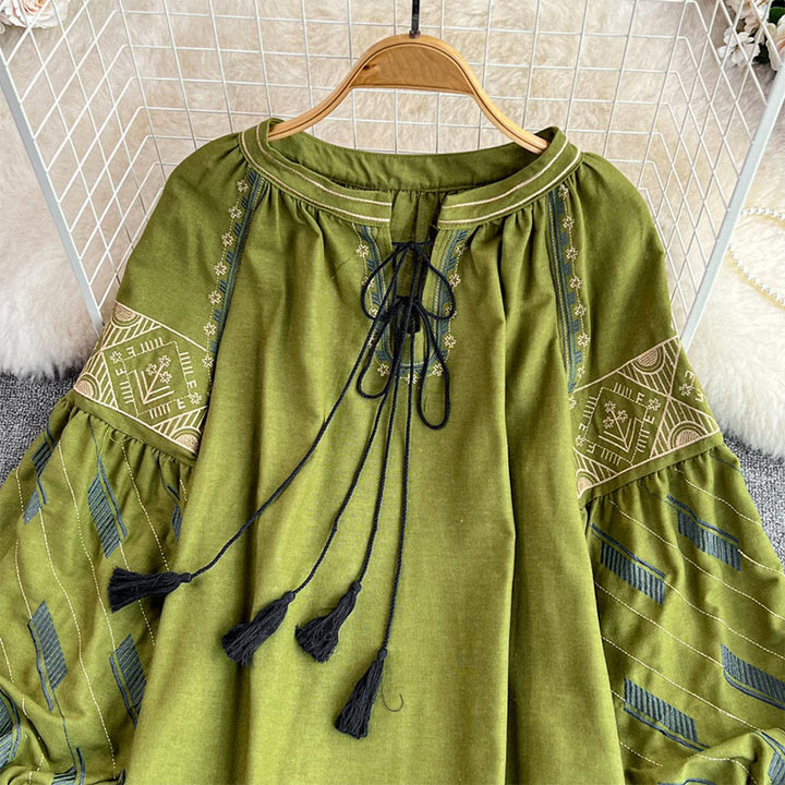 Olivenorma Geometric Totem Embroidery Lantern Sleeve Women's Shirt - image 11