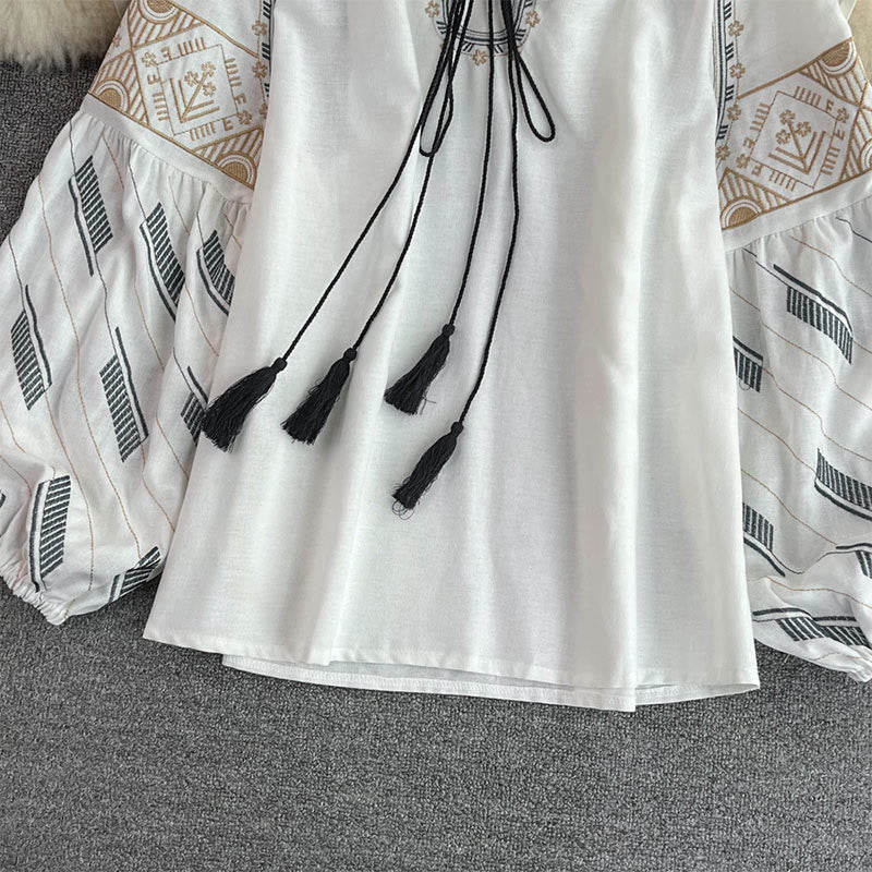 Olivenorma Geometric Totem Embroidery Lantern Sleeve Women's Shirt - image 5