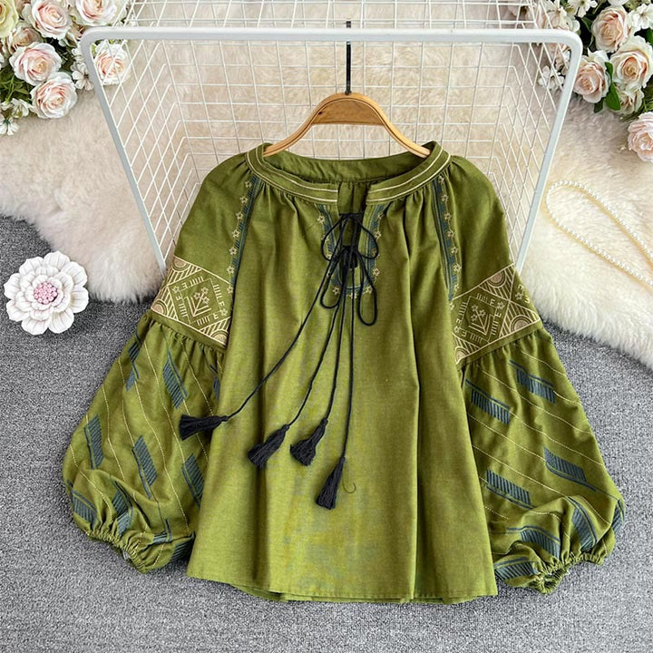 Olivenorma Geometric Totem Embroidery Lantern Sleeve Women's Shirt - Green - One Size Fits All - image 10