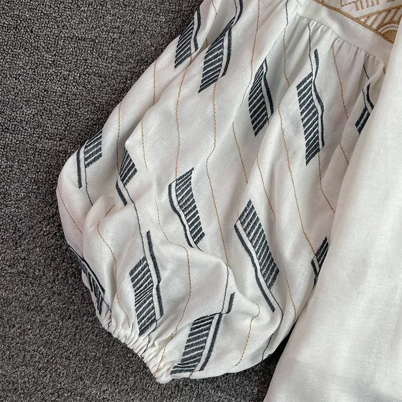 Olivenorma Geometric Totem Embroidery Lantern Sleeve Women's Shirt - image 4