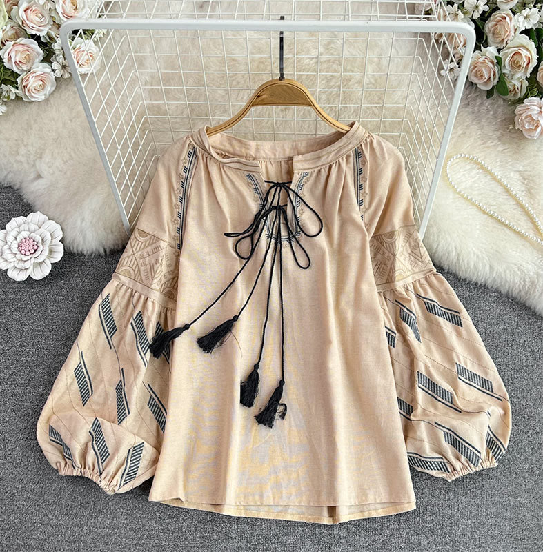 Olivenorma Geometric Totem Embroidery Lantern Sleeve Women's Shirt - Khaki - One Size Fits All - image 7