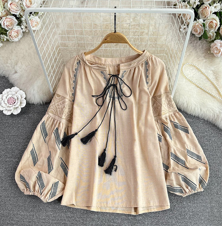 Olivenorma Geometric Totem Embroidery Lantern Sleeve Women's Shirt - Khaki - One Size Fits All - image 7