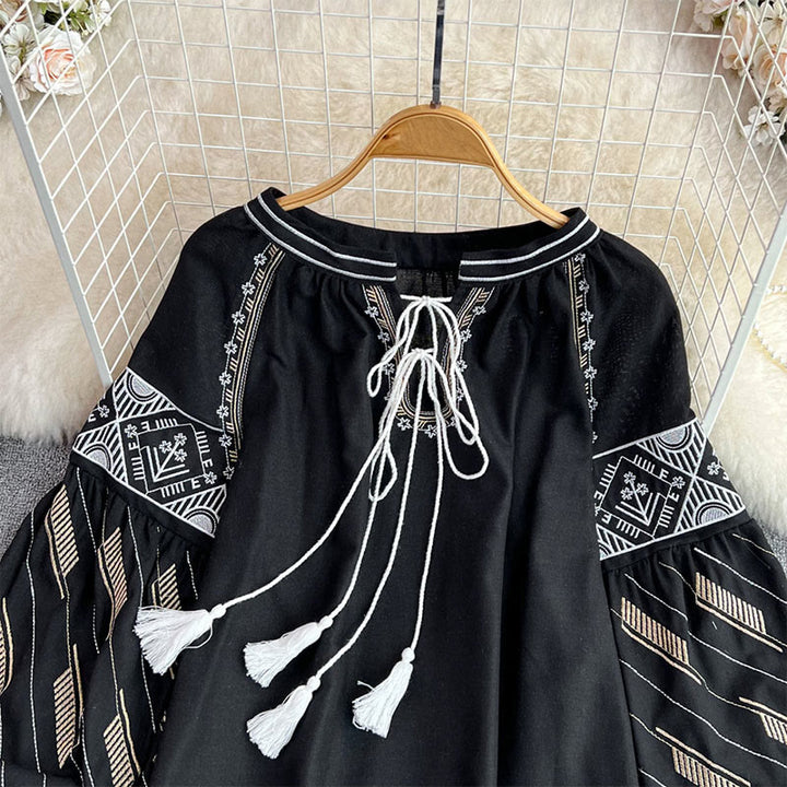 Olivenorma Geometric Totem Embroidery Lantern Sleeve Women's Shirt - image 14