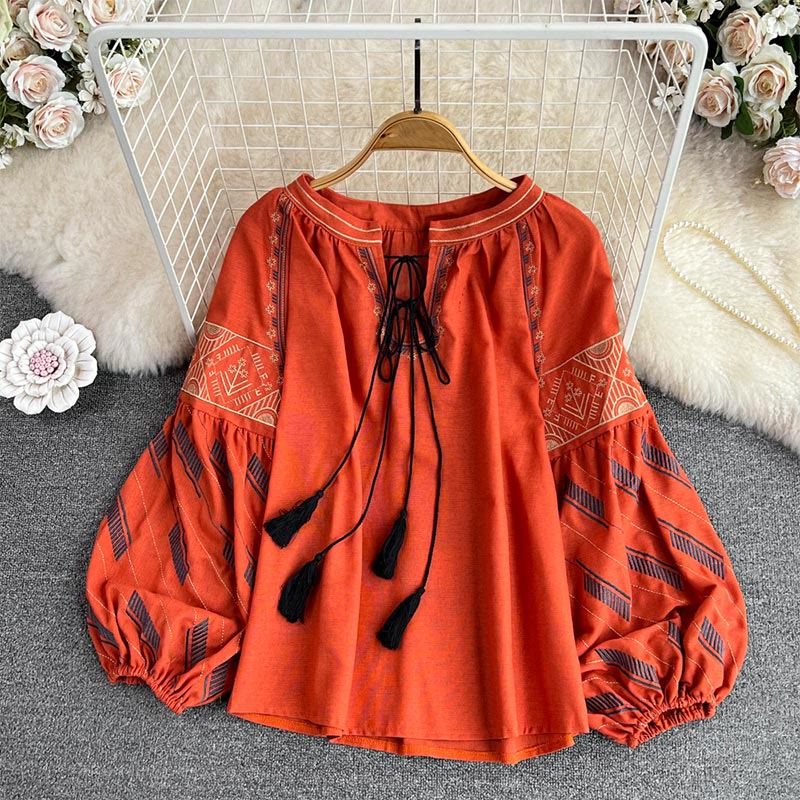 Olivenorma Geometric Totem Embroidery Lantern Sleeve Women's Shirt - Orange - One Size Fits All - image 16