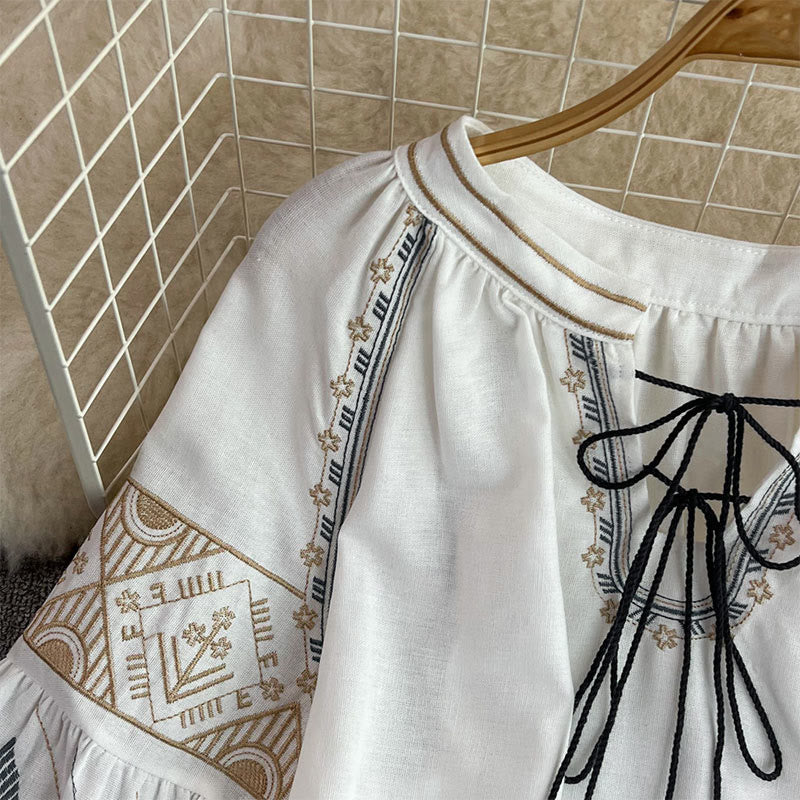 Olivenorma Geometric Totem Embroidery Lantern Sleeve Women's Shirt - image 3