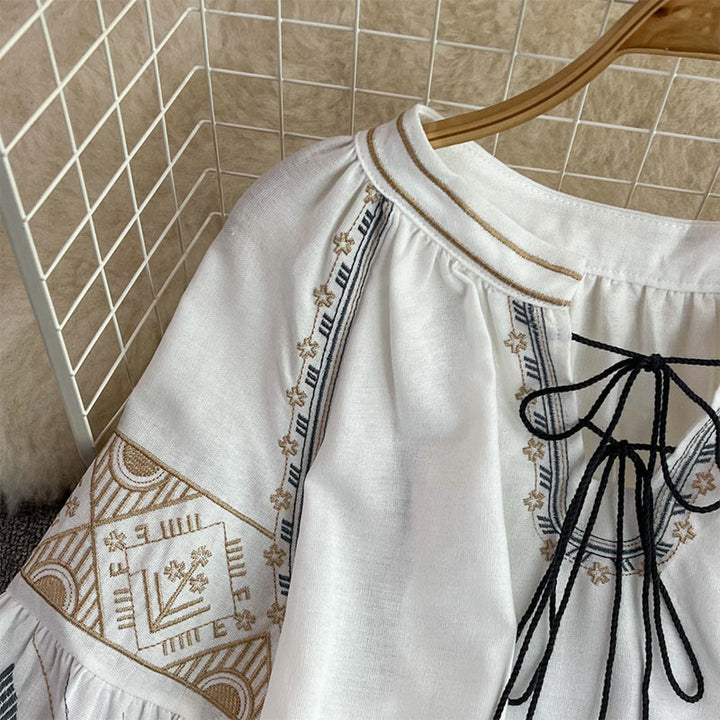 Olivenorma Geometric Totem Embroidery Lantern Sleeve Women's Shirt - image 3