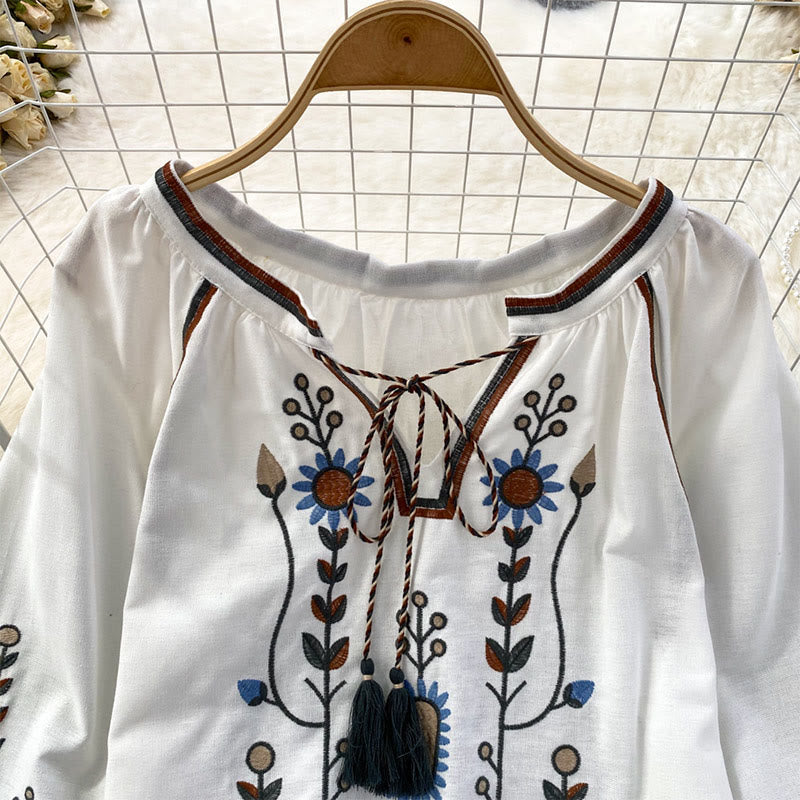 Olivenorma Pastoral Flower Embroidery Lantern Sleeve Women's Shirt - image 5