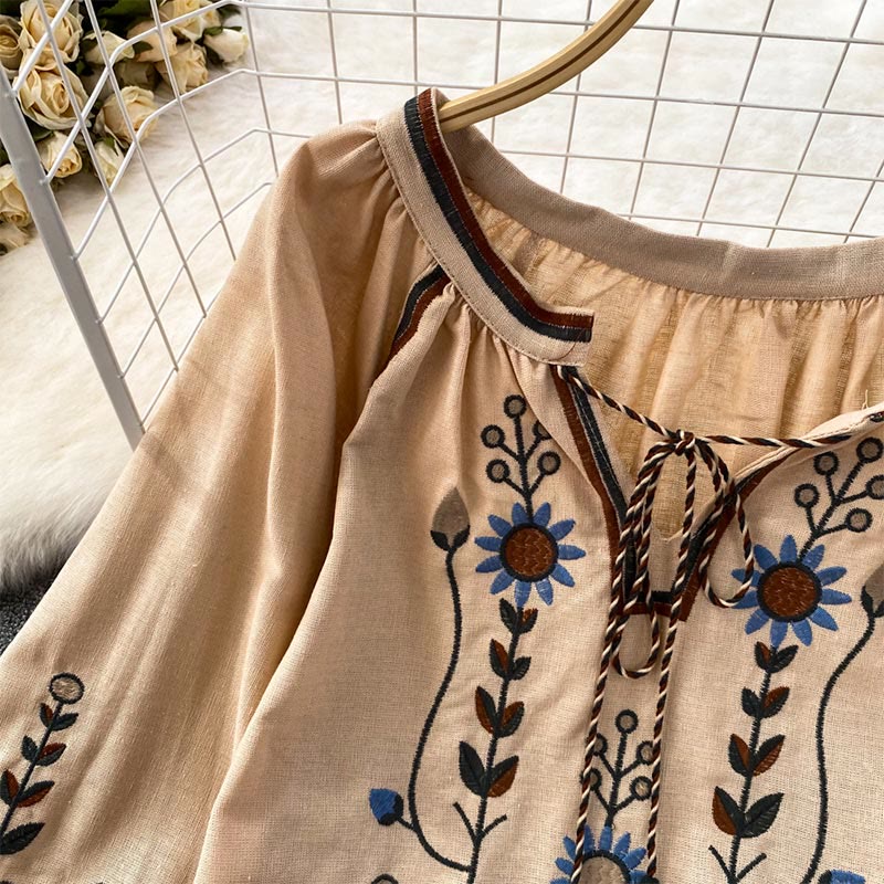 Olivenorma Pastoral Flower Embroidery Lantern Sleeve Women's Shirt - image 10