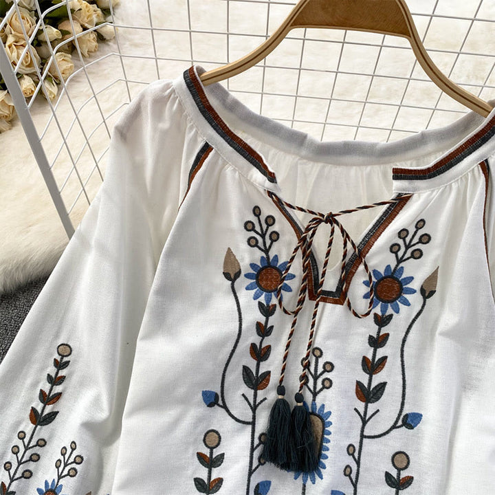 Olivenorma Pastoral Flower Embroidery Lantern Sleeve Women's Shirt - image 6