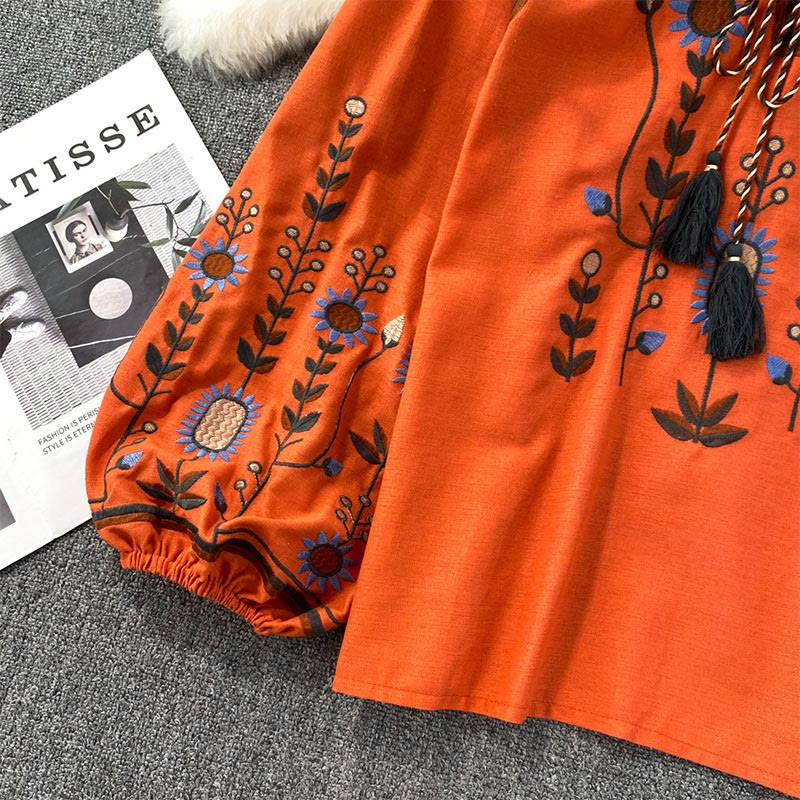 Olivenorma Pastoral Flower Embroidery Lantern Sleeve Women's Shirt - image 15