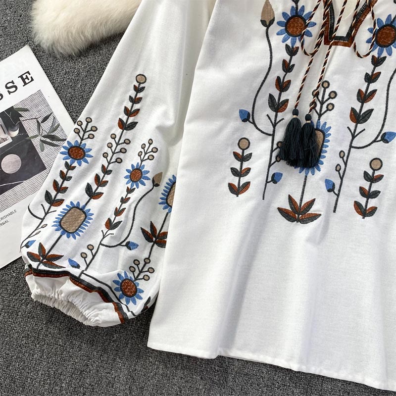 Olivenorma Pastoral Flower Embroidery Lantern Sleeve Women's Shirt - image 7