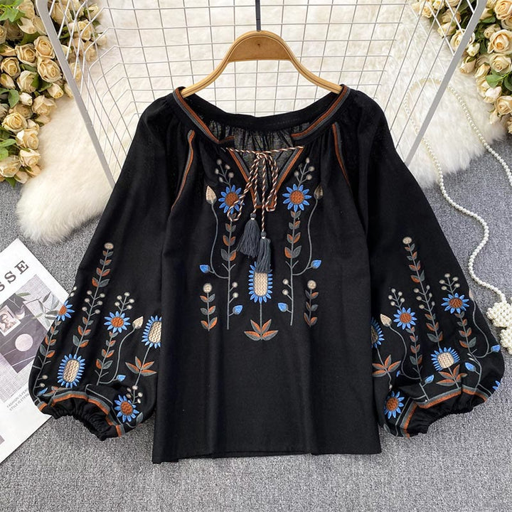 Olivenorma Pastoral Flower Embroidery Lantern Sleeve Women's Shirt - Black - One Size Fits All - image 0