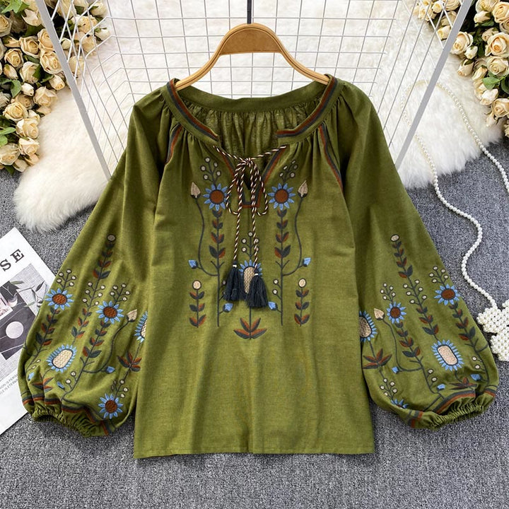 Olivenorma Pastoral Flower Embroidery Lantern Sleeve Women's Shirt - Green - One Size Fits All - image 16
