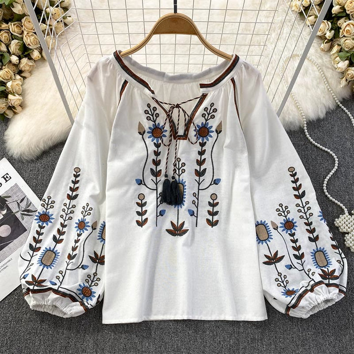 Olivenorma Pastoral Flower Embroidery Lantern Sleeve Women's Shirt - White - One Size Fits All - image 4