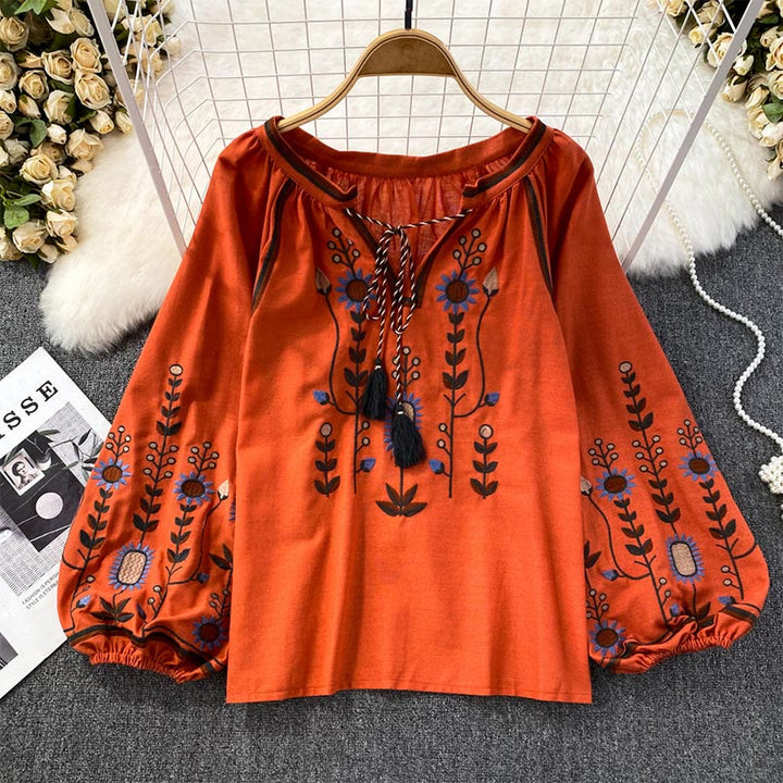 Olivenorma Pastoral Flower Embroidery Lantern Sleeve Women's Shirt - Orange - One Size Fits All - image 12