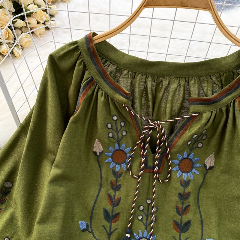 Olivenorma Pastoral Flower Embroidery Lantern Sleeve Women's Shirt - image 20