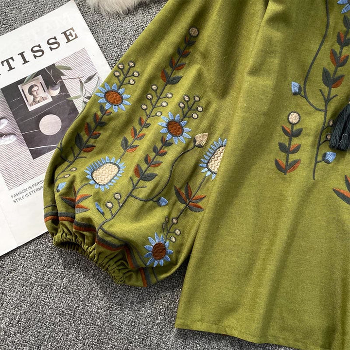 Olivenorma Pastoral Flower Embroidery Lantern Sleeve Women's Shirt - image 18